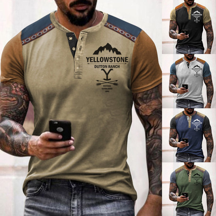 

Men's Henley T-Shirt Yellowstone Ethnic Color Block Short Sleeve Summer Top