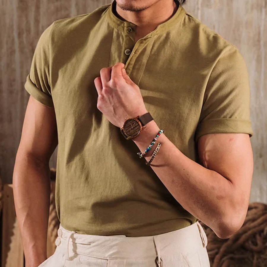 

Men's T-Shirt Henley Collar T-Shirt Breathable Casual Retro T-Shirt
