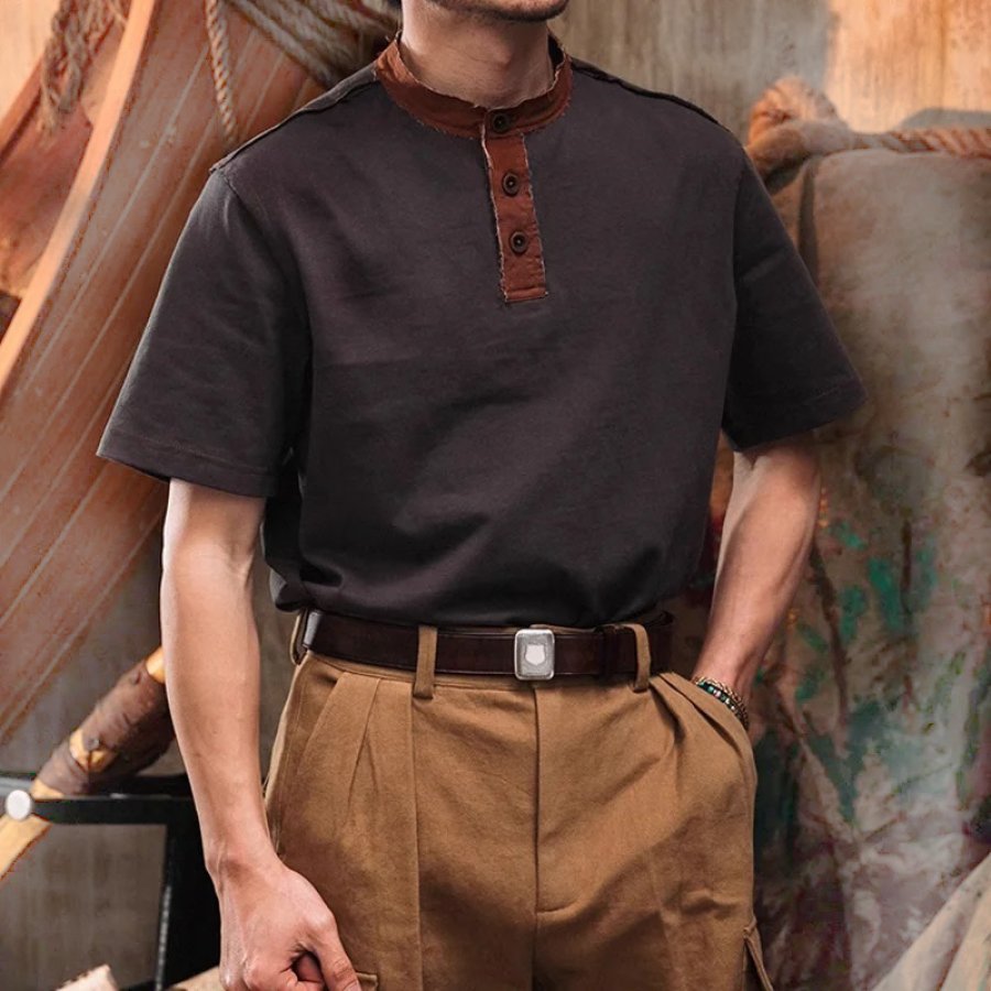 

Men's T-Shirt Colorblock Henley Collar T-Shirt Breathable Casual Retro T-Shirt