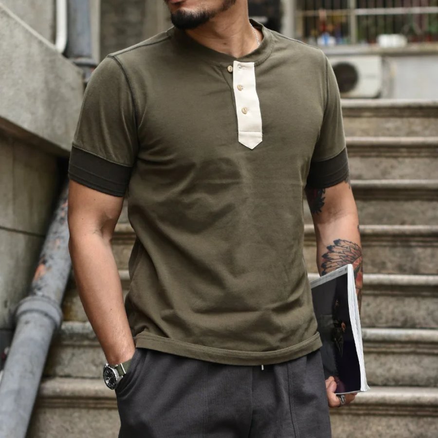 

Men's T-shirt Color Block Henry Collar T-shirt Breathable Casual Retro T-shirt