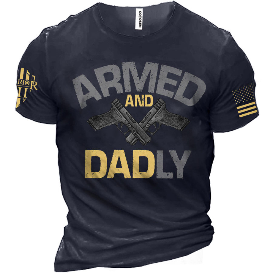 

Camiseta De Algodão Masculina Armed And Dad Daily Casual Manga Curta Gola Redonda