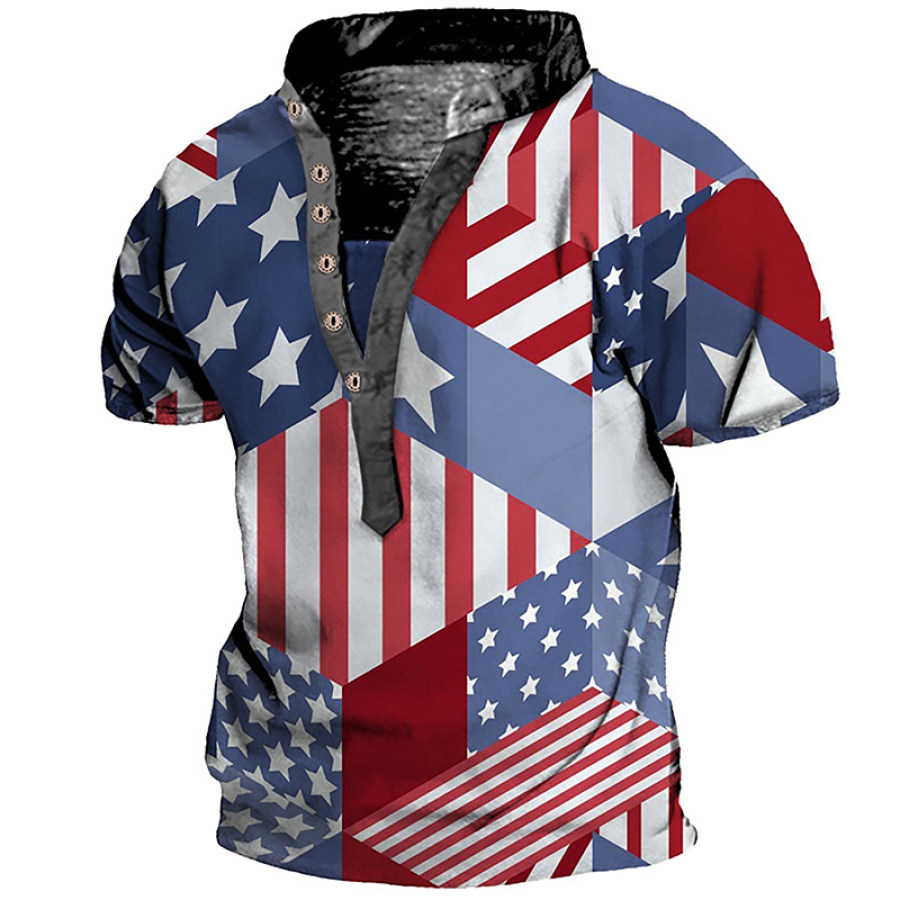 

Men's Vintage American Flag Print Henley Casual Short Sleeve T-Shirt Top