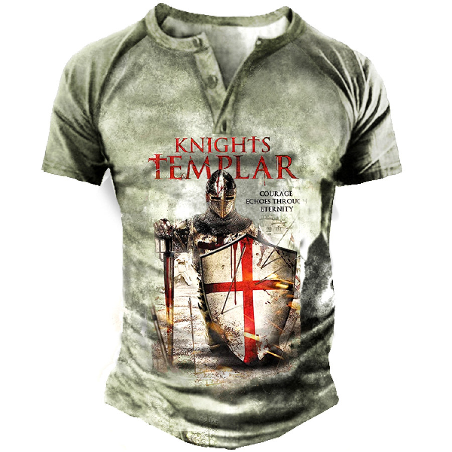 

Men's Vintage Templar Print Henley T-Shirt Men's Plus Size Short Sleeve Casual Top