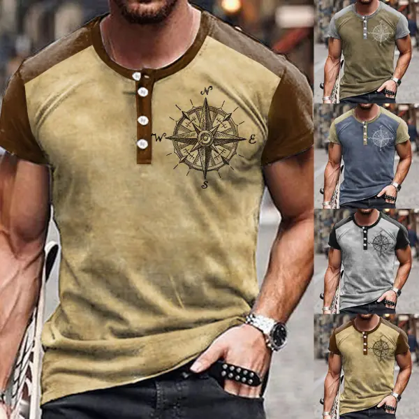 Men's Vintage Compass Print Henley Collar Casual T-Shirt - Kalesafe.com 