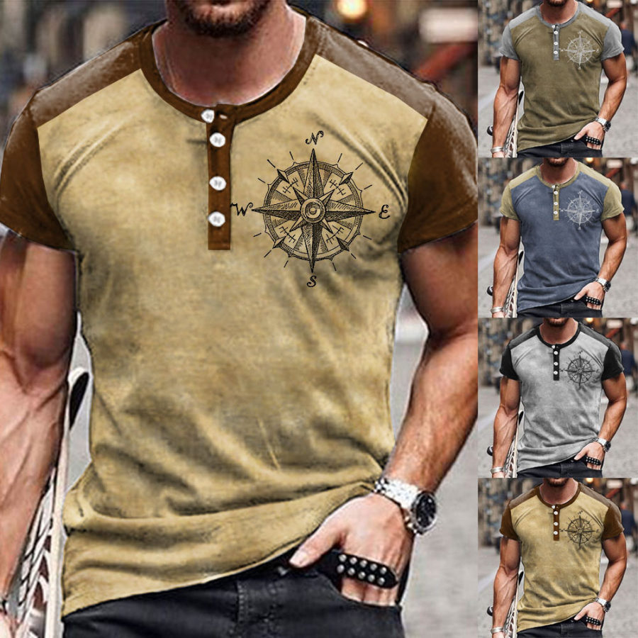 

Men's Vintage Compass Print Henley Collar Casual T-Shirt