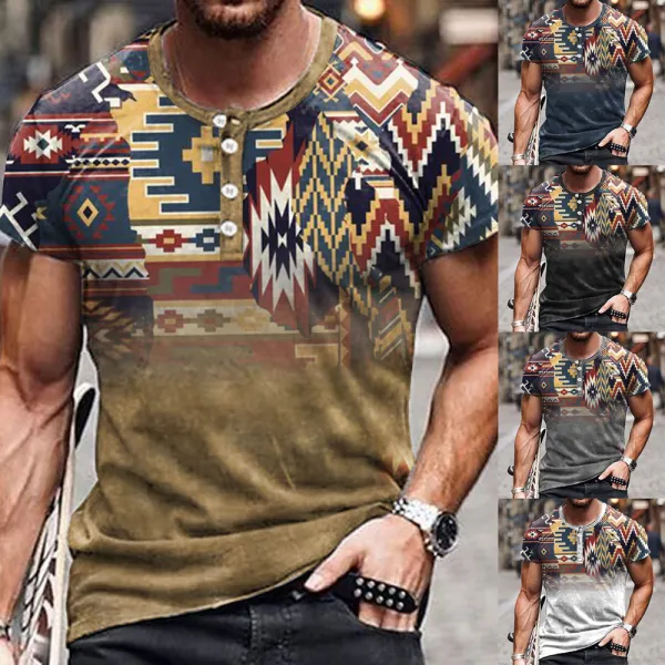 Men's Vintage Ethnic Print Henley Collar Casual T-Shirt - Kalesafe.com 