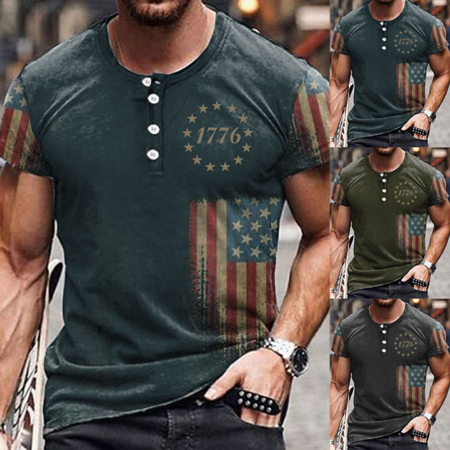 

Men's Vintage American Flag Print Henley Collar Casual T-Shirt