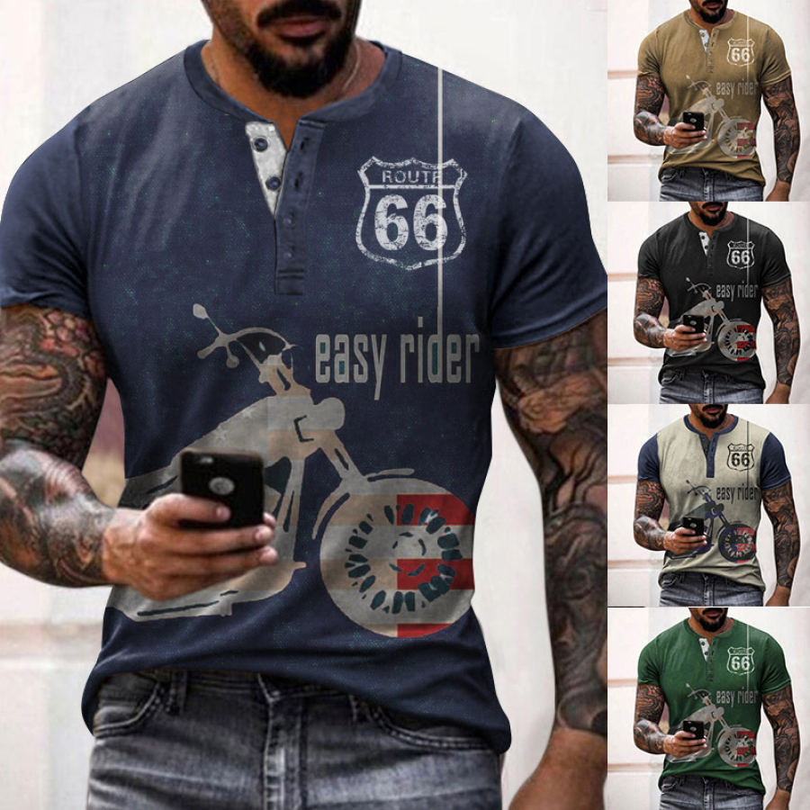 

Men's Henry T-Shirt Motorcycle Route 66 Print Graphic Short Sleeve Tee