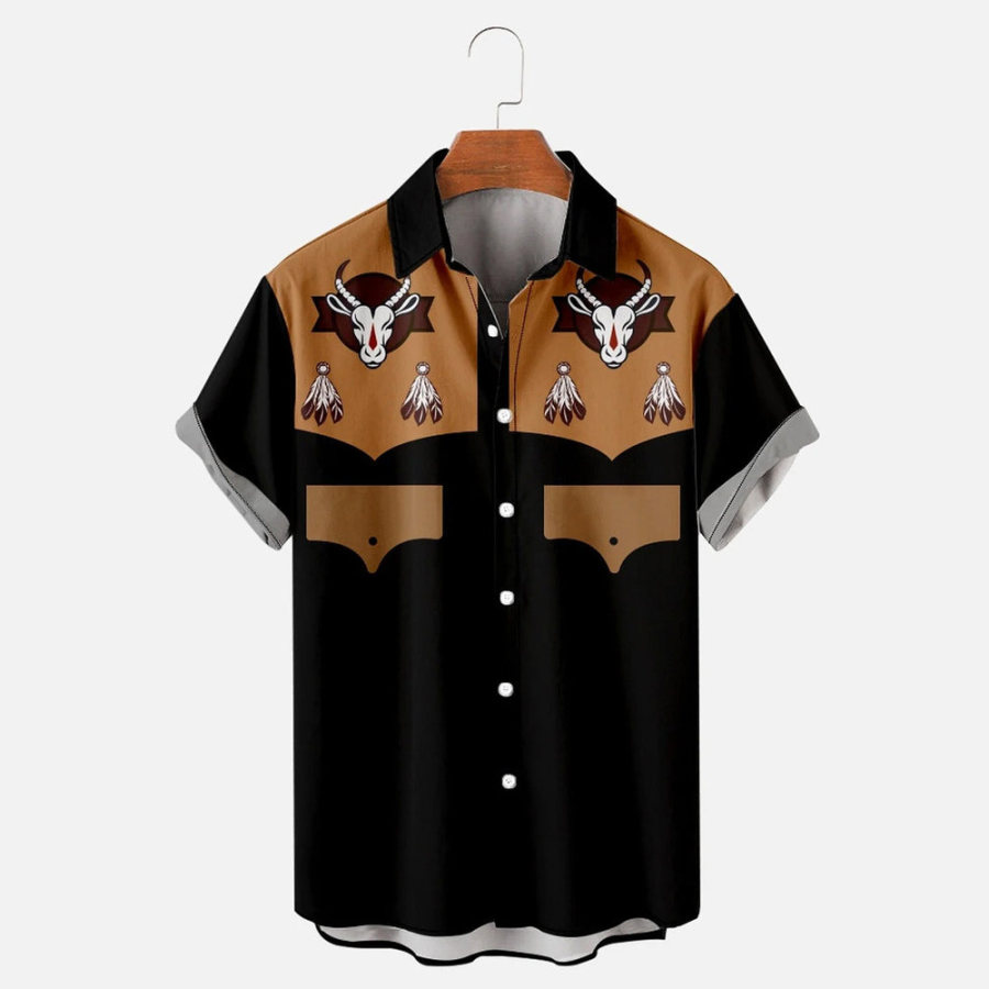 

Men's Shirt Vintage Western Cowboy Skull Bull Plus Size Short Sleeve Hawaii Beach Summer Daily Tops Black