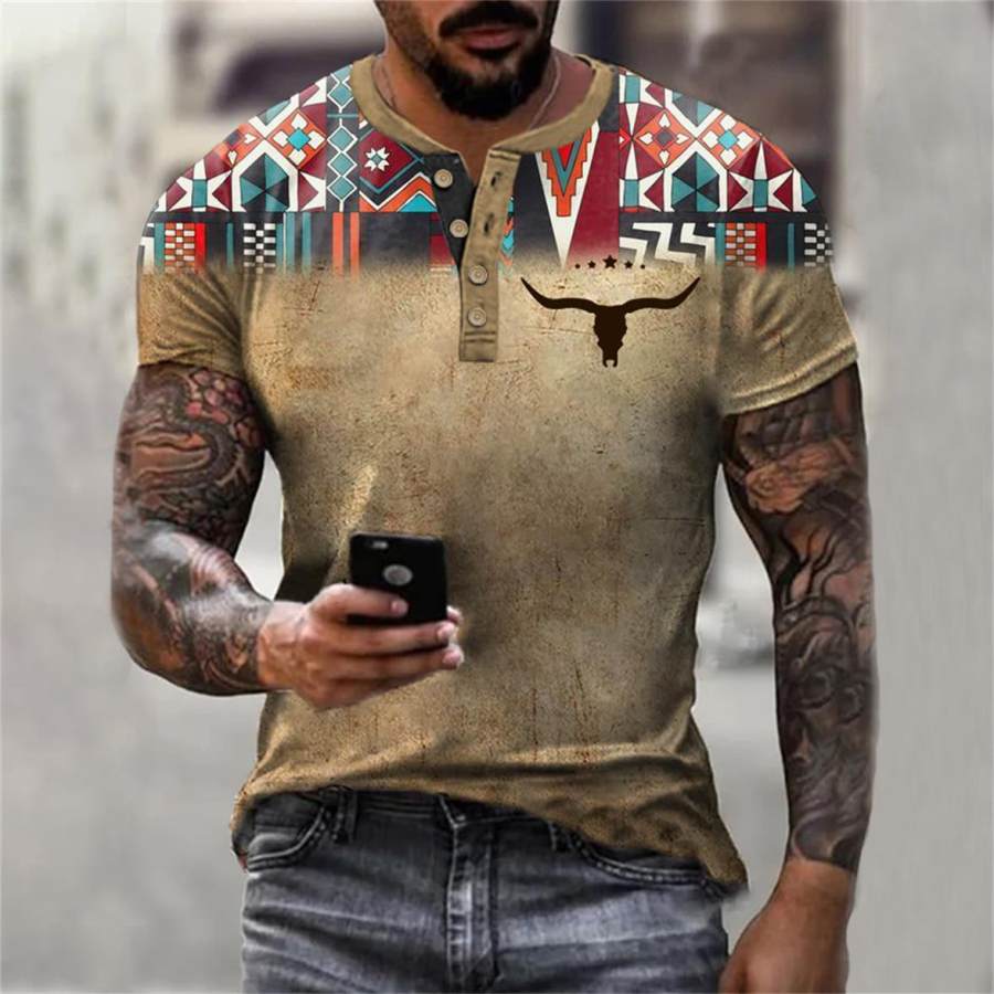 

Men's T-Shirt Henley Vintage Western Ethnic Geometric Skull Bull Plus Size Summer Daily Tops White Khaki Light Blue