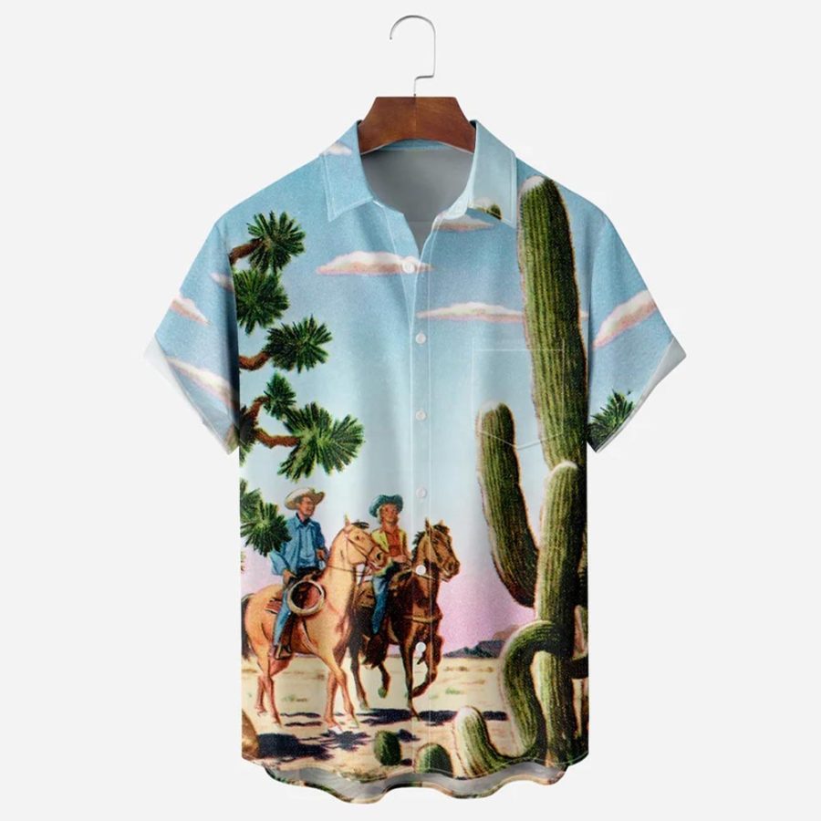 

Men's Shirt Vintage Western Cowboy Cactus Plus Size Short Sleeve Hawaii Beach Summer Daily Tops Light Blue