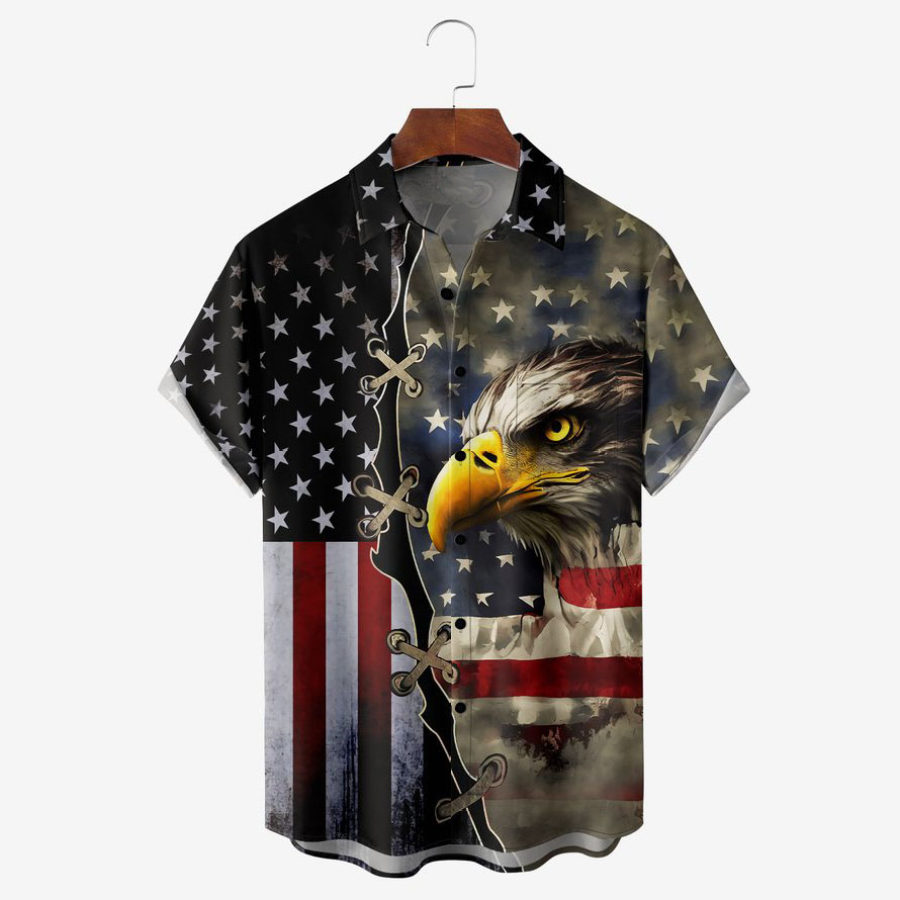 

Camisa Masculina Vintage Bandeira Americana Eagle Plus Size Manga Curta Havaí Praia Verão Tops Diários Preto