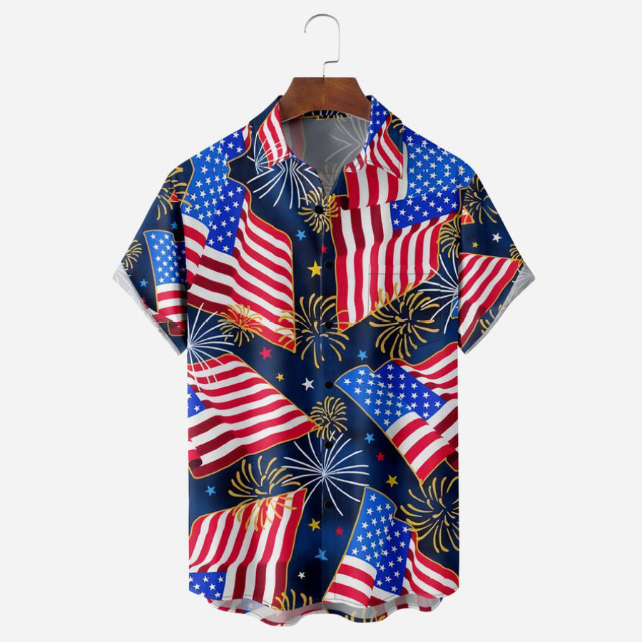 

Men's Shirt Vintage American Flag Fireworks Plus Size Short Sleeve Hawaii Beach Summer Daily Tops Blue