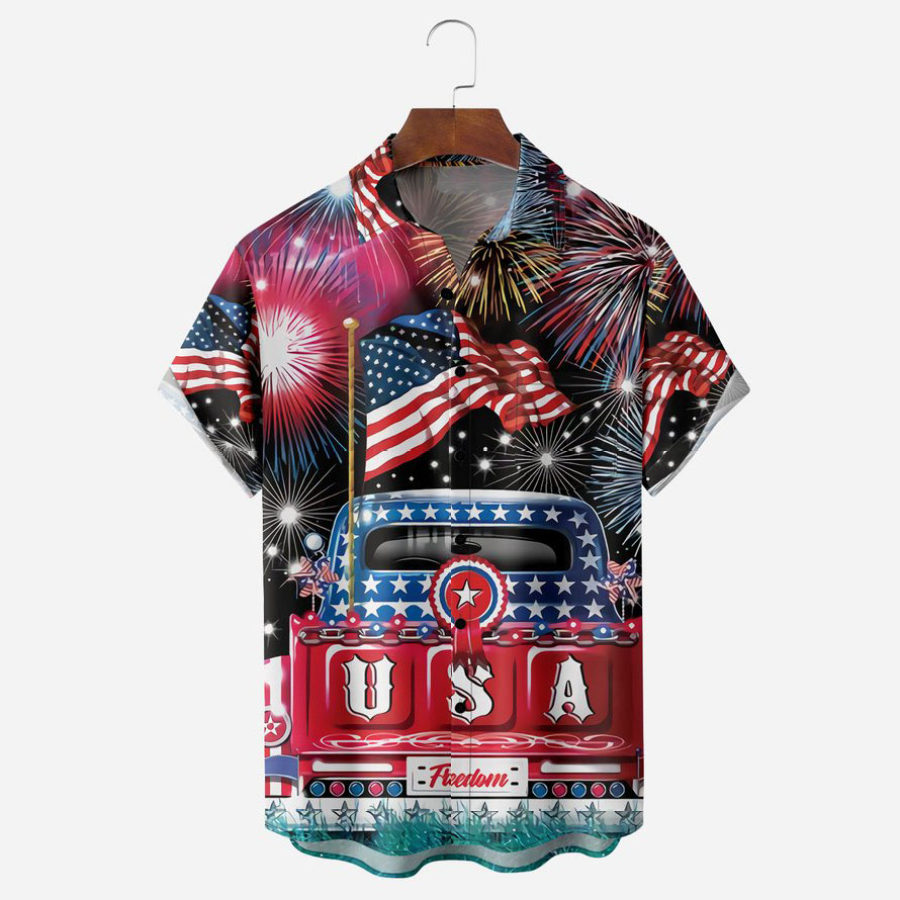 

Camisa Masculina Vintage Bandeira Americana Carro Fogos De Artifício Tamanho Grande Manga Curta Havaí Praia Verão Tops Diários Vermelho