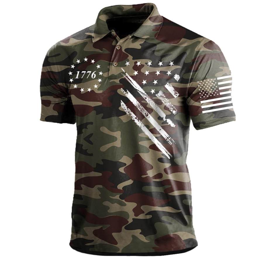 

Herren T-Shirt Polo Vintage Camouflage Amerikanische Flagge Kurzarm Outdoor Sommer Alltag Tops Armeegrün Blau Dunkelgrau