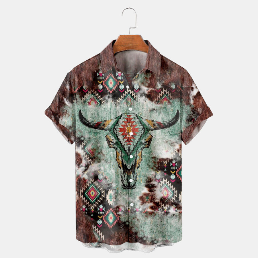 

Men's Shirt Vintage Western Ethnic Geometric Pattern Skull Bull Plus Size Short Sleeve Hawaii Beach Summer Daily Tops