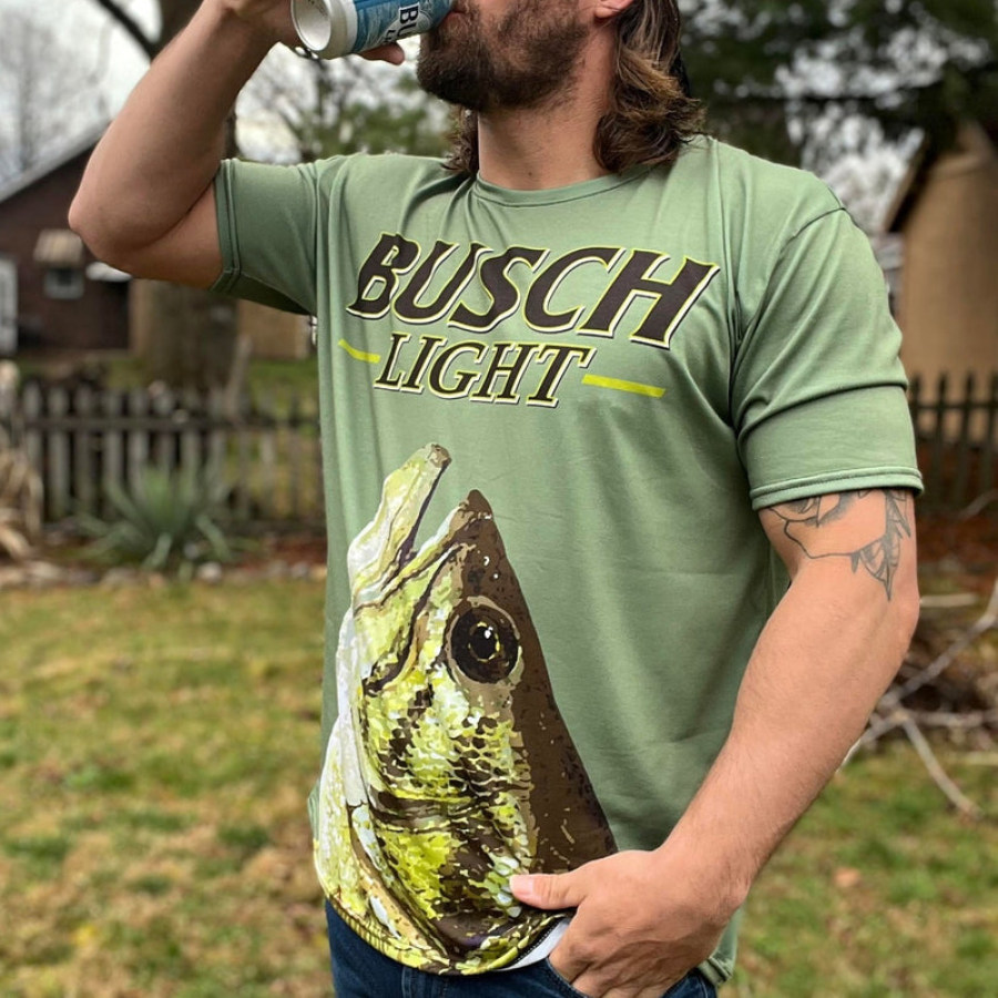 

Men's Casual Cotton T-Shirt BUSCH Light Largemouth Loose Short Sleeve Tee Vacation Top