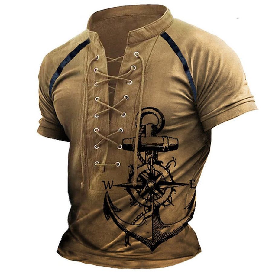 

Men's T-Shirt Vintage Nautical Compass Anchor Lace-Up Stand Collar Short Sleeve Summer Daily Tops Khaki