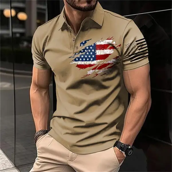 Men's T-Shirt Polo Vintage American Flag Independence Day Short Sleeve ...