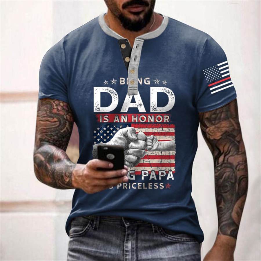 

Men's T-Shirt Henley Vintage American Flag Being Dad Is An Honor Being Papa Plus Size Summer Daily Tops Blue Black