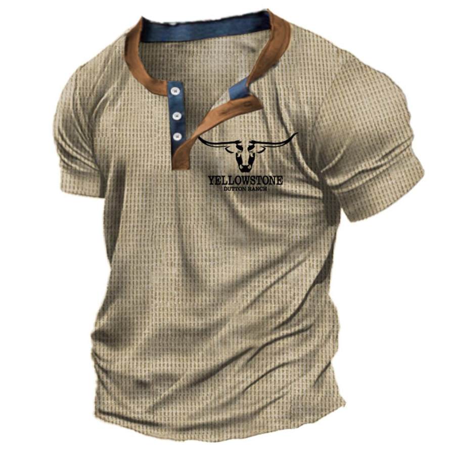 

Men's T-Shirt Henley Waffle Vintage Western Yellowstone Skull Bull Short Sleeve Summer Daily Tops Khaki