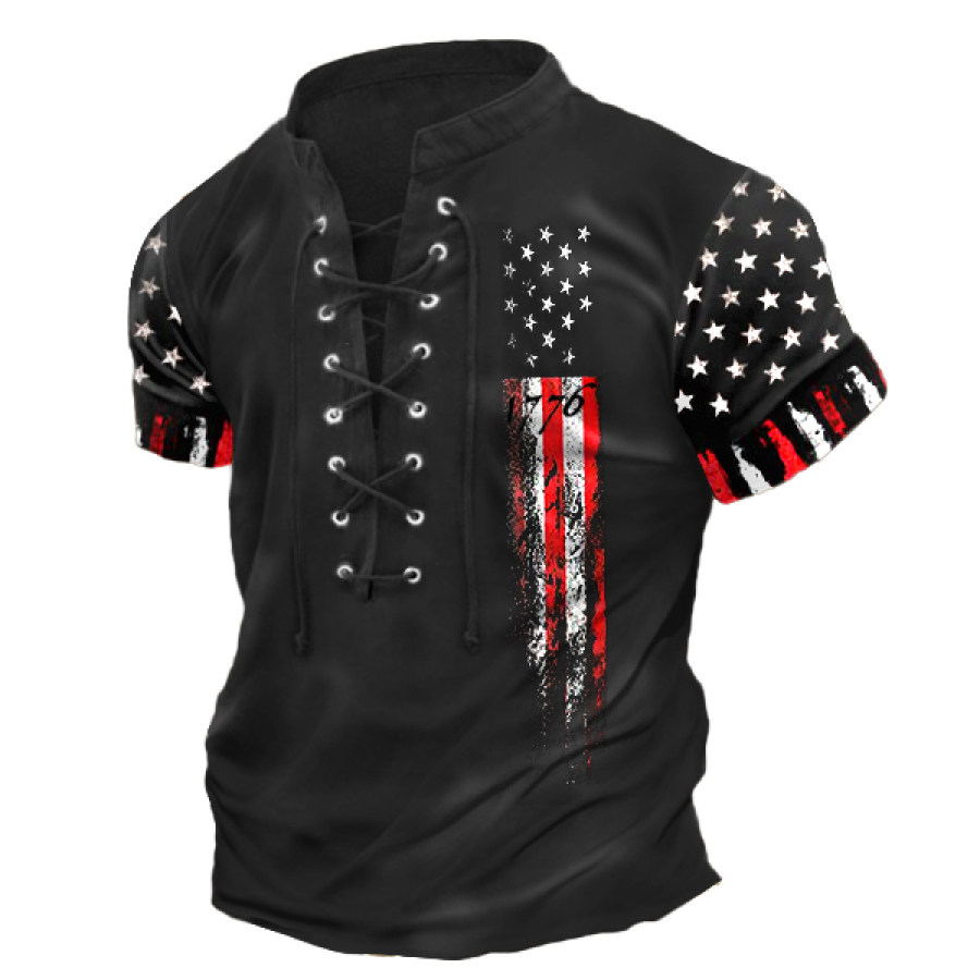 

Men's T-Shirt Vintage 1776 American Flag Independence Day Lace-Up Stand Collar Short Sleeve Summer Daily Tops Black