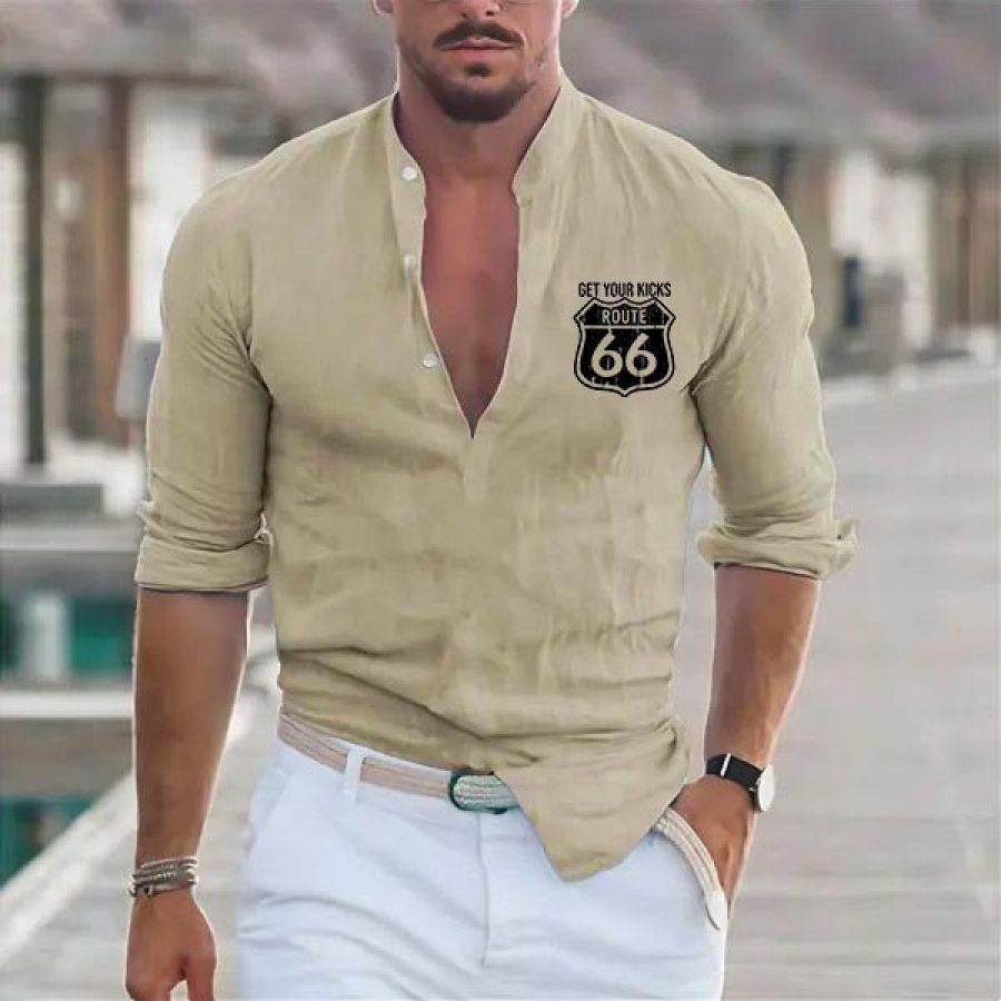 

Men's Shirt Get Your Kicks Route 66 Henley Long Sleeve Solid Color Cotton Linen Outdoor Casual Top Khaki