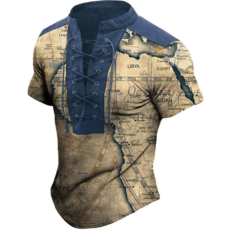 

Men's T-Shirt Vintage Nautical World Map Lace-Up Stand Collar Color Block Short Sleeve Summer Daily Tops Khaki