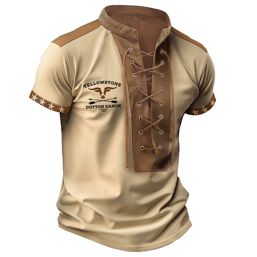 

Men's T-Shirt Vintage Western Yellowstone Lace-Up Stand Collar Short Sleeve Color Block Summer Daily Tops Khaki