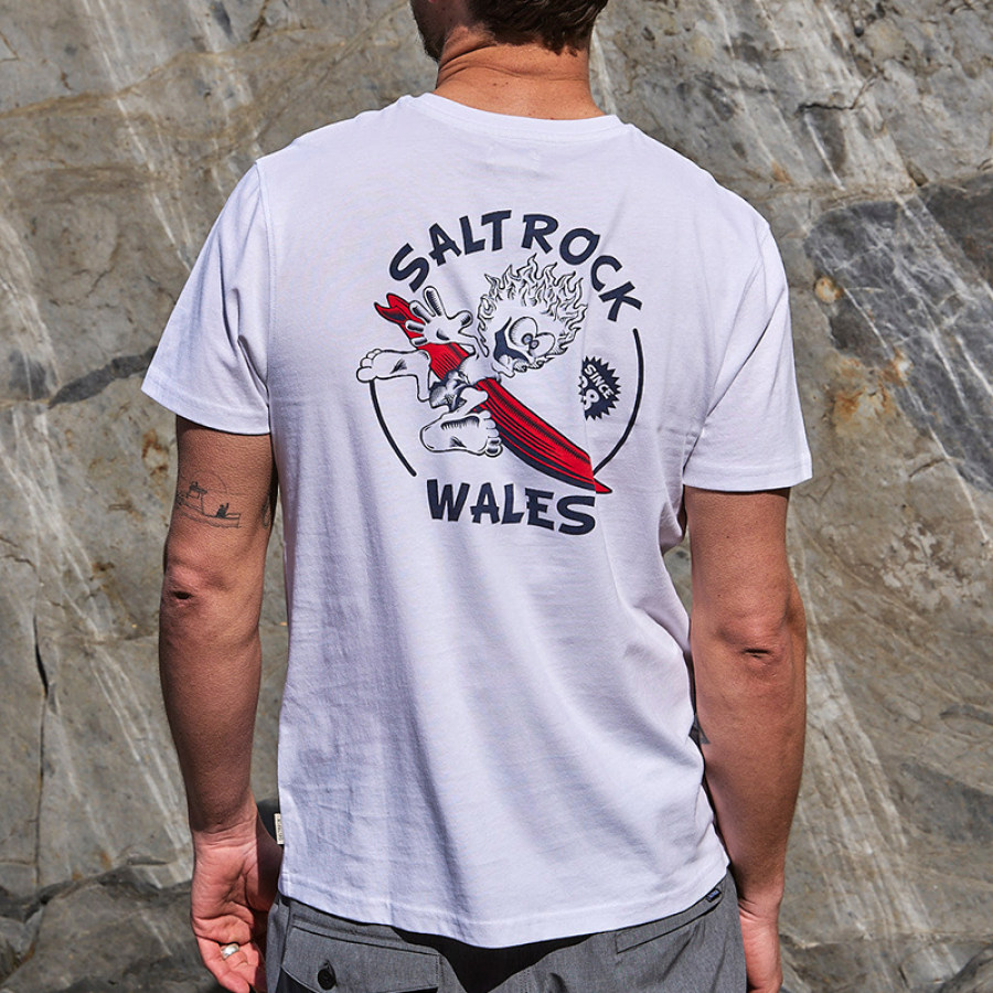 

Saltrock Surf Wave Rider Wales Mens Casual T-Shirt Short Sleeve Light White Crew Neck Tee