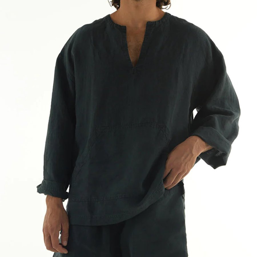 

Men's V Neck Cotton Linen Shirt Breathable Comfortable Large Pocket Vintage Tops