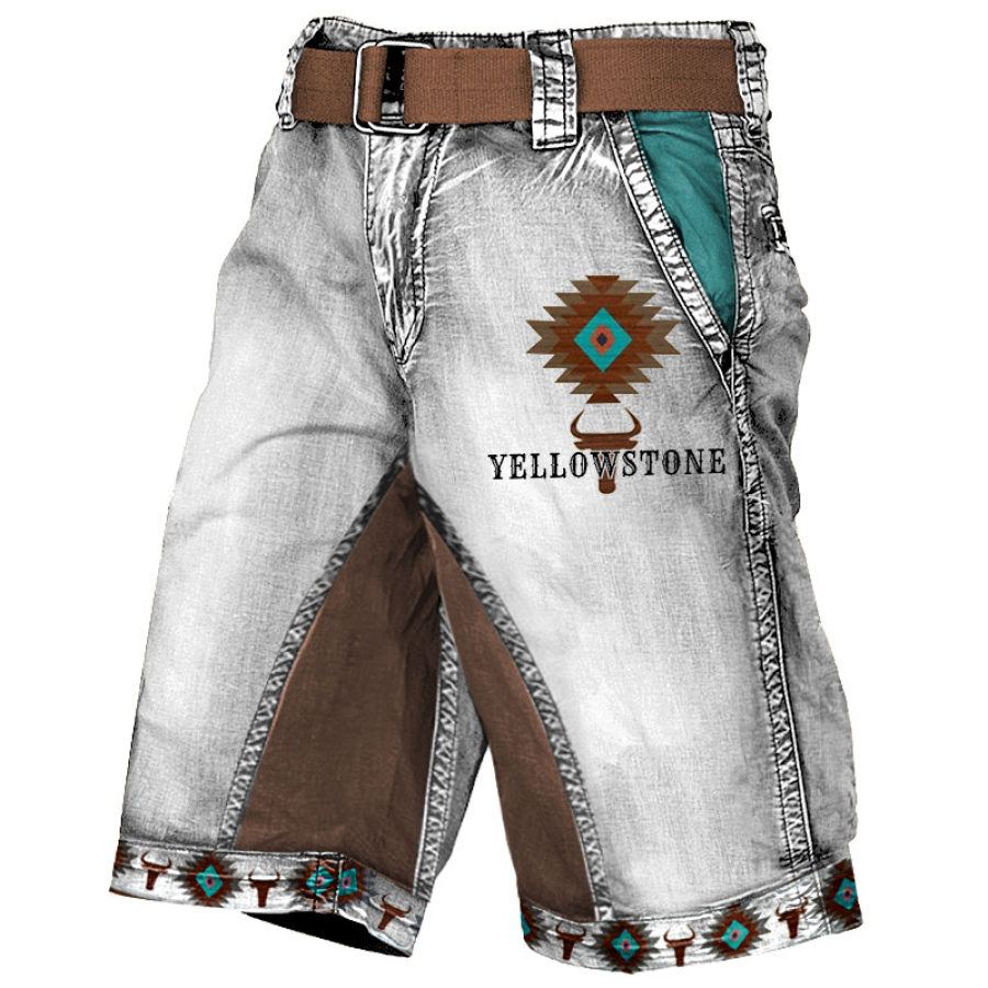 

Men's Cargo Shorts Vintage Western Yellowstone Ethnic Geometric Pattern Colorblock Distressed Utility Outdoor Shorts Wh