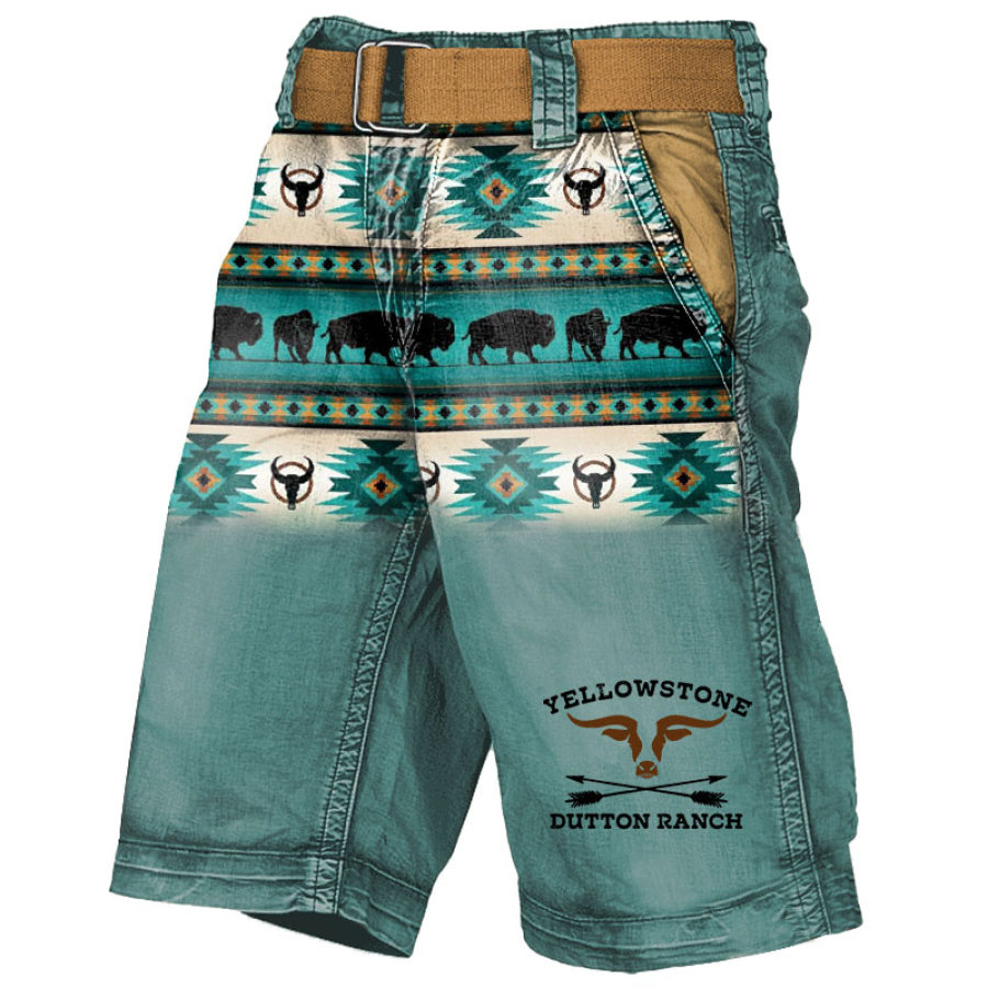

Men's Cargo Shorts Vintage Western Yellowstone Ethnic Geometric Pattern Distressed Utility Outdoor Shorts Blue-Green