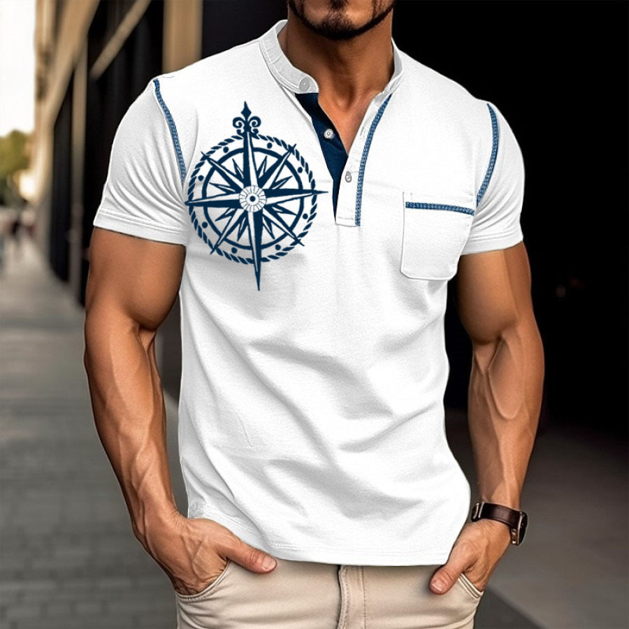 

Men's T-Shirt Henley Vintage Nautical Compass Contrast Short Sleeve Summer Daily Tops White