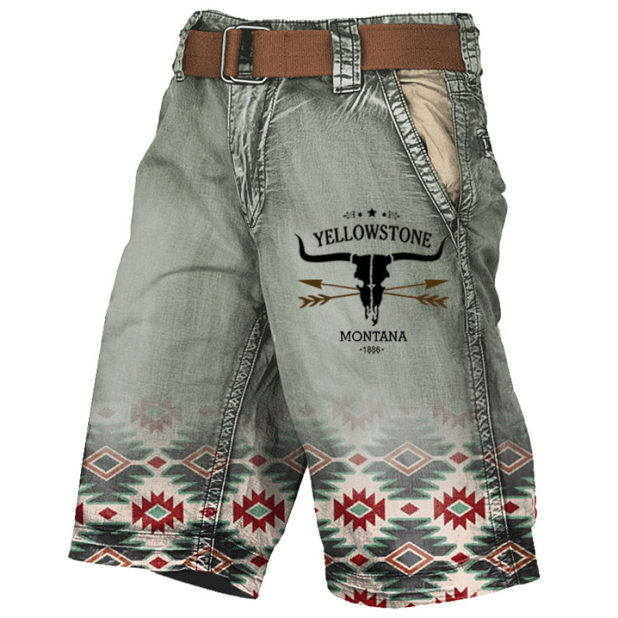 

Men's Cargo Shorts Vintage Western Yellowstone Ethnic Geometric Colorblock Distressed Utility Outdoor Shorts Light Green