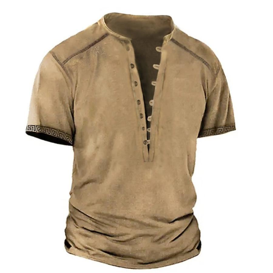 

Men's T-Shirt Henley Vintage Button Short Sleeve Summer Daily Tops Khaki