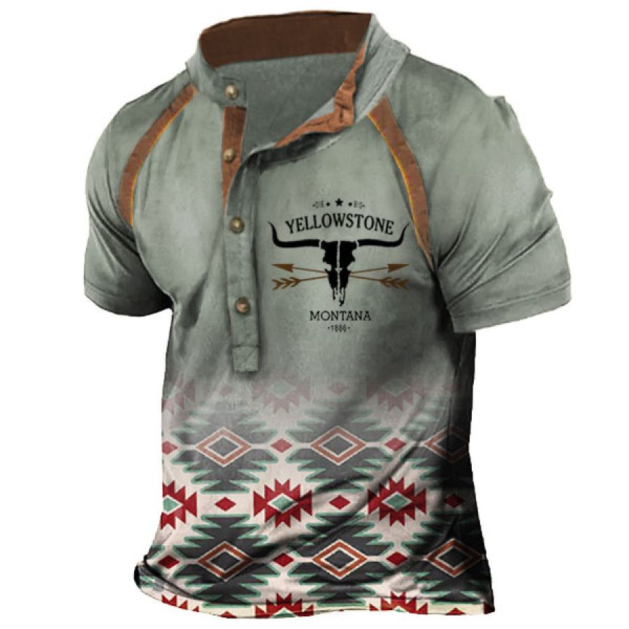 

Men's T-Shirt Henley Vintage Western Yellowstone Ethnic Geometric Colorblock Short Sleeve Summer Daily Tops Light Green