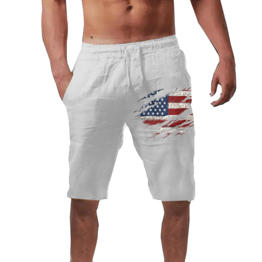 

Calça Masculina De Linho Bandeira Americana Hip-hop Respirável De Algodão E Linho Shorts Tendência Cor Sólida Calças Casuais