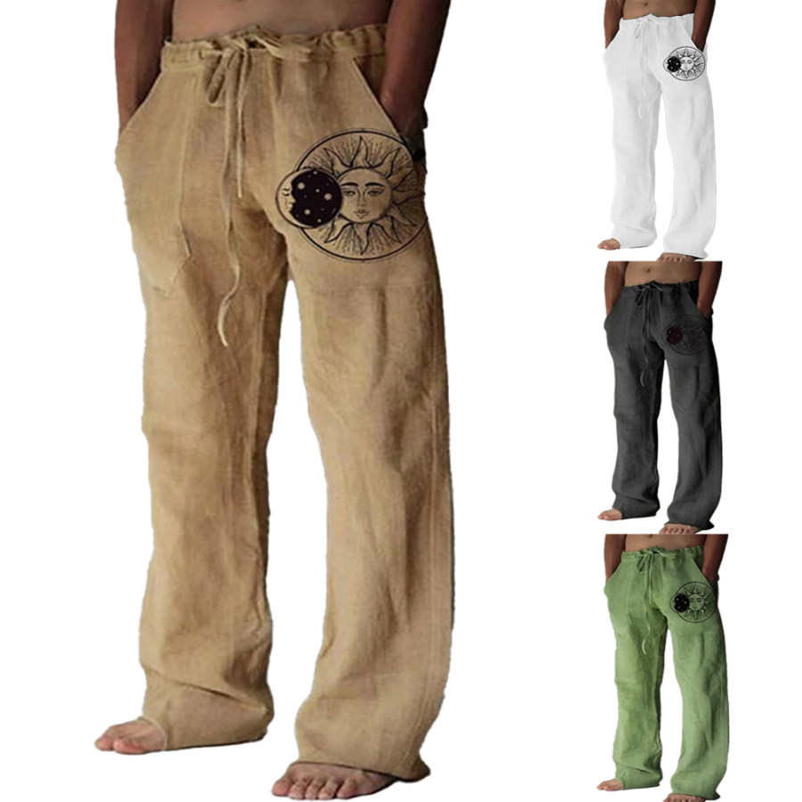 

Men's Star Moon Print Casual Cotton Linen Breathable Beach Trousers