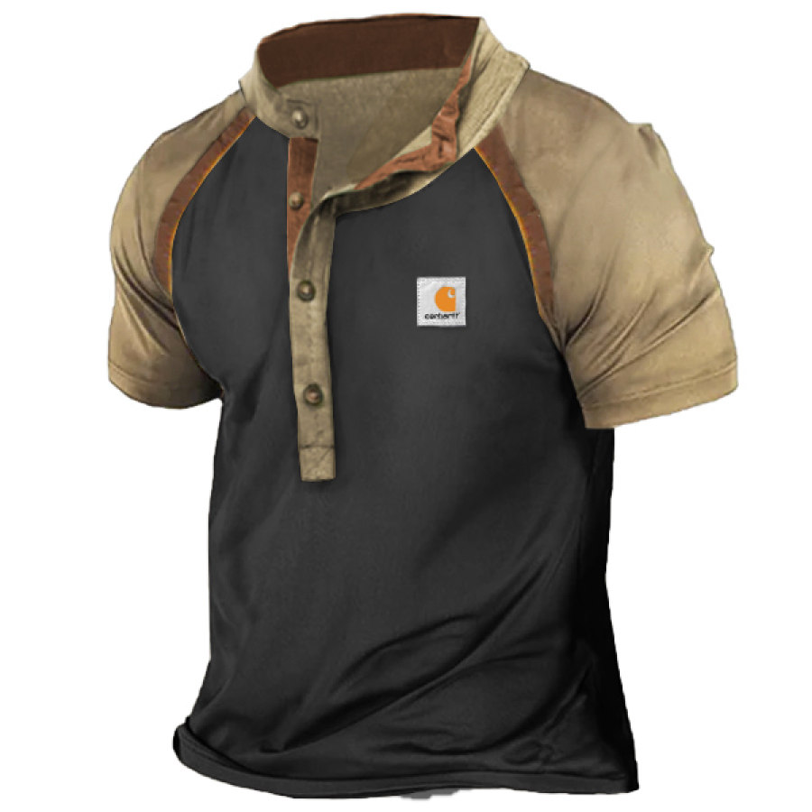 

Men's T-Shirt Henley Vintage Carhartt Colorblock Short Sleeve Outdoor Summer Daily Tops Khaki