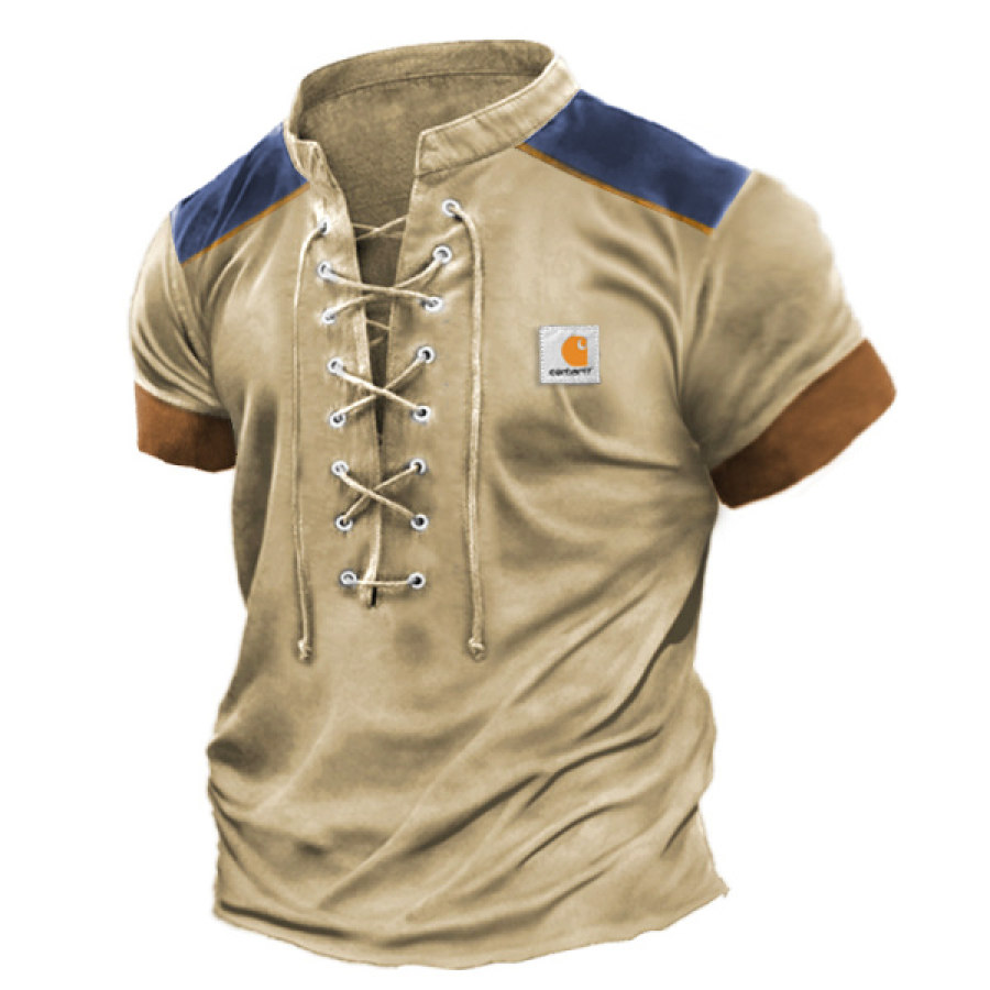 

Men's T-Shirt Vintage Lace-Up Stand Collar Colorblock Outdoor Short Sleeve Summer Daily Tops Khaki