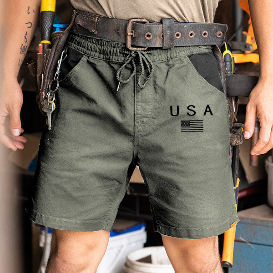 

Men Cargo Shorts USA Vintage Wash Print Elastic Waist Shorts USA Independence Day ArmyGreen Pocket Tactical Overalls