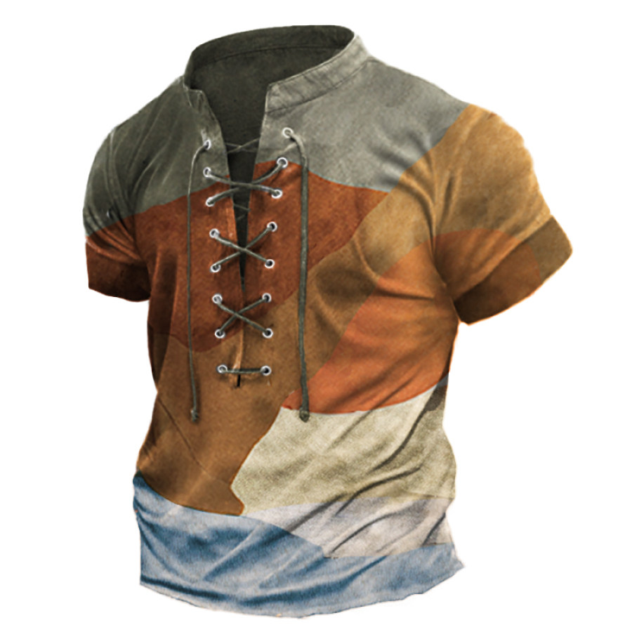 

Men's Vintage Lace-Up Stand Collar T-Shirt