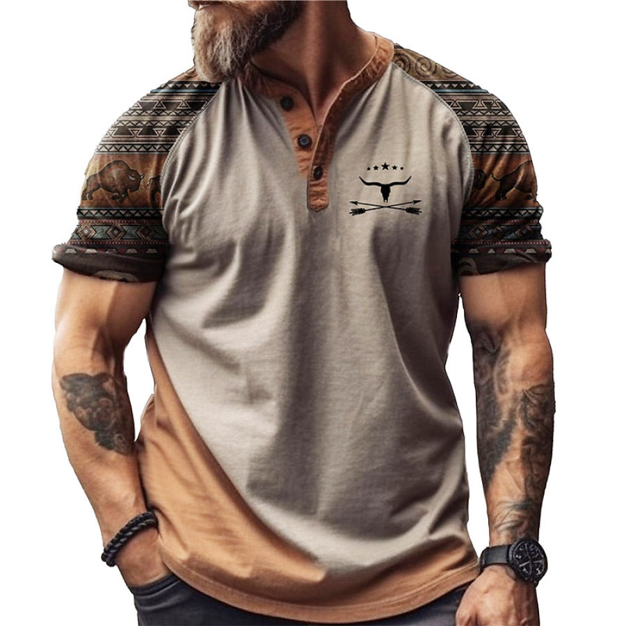 

Men's T-Shirt Henley Vintage Yellowstone Ethnic Geometric Pattern Colorblock Short Sleeve Summer Daily Tops Khaki