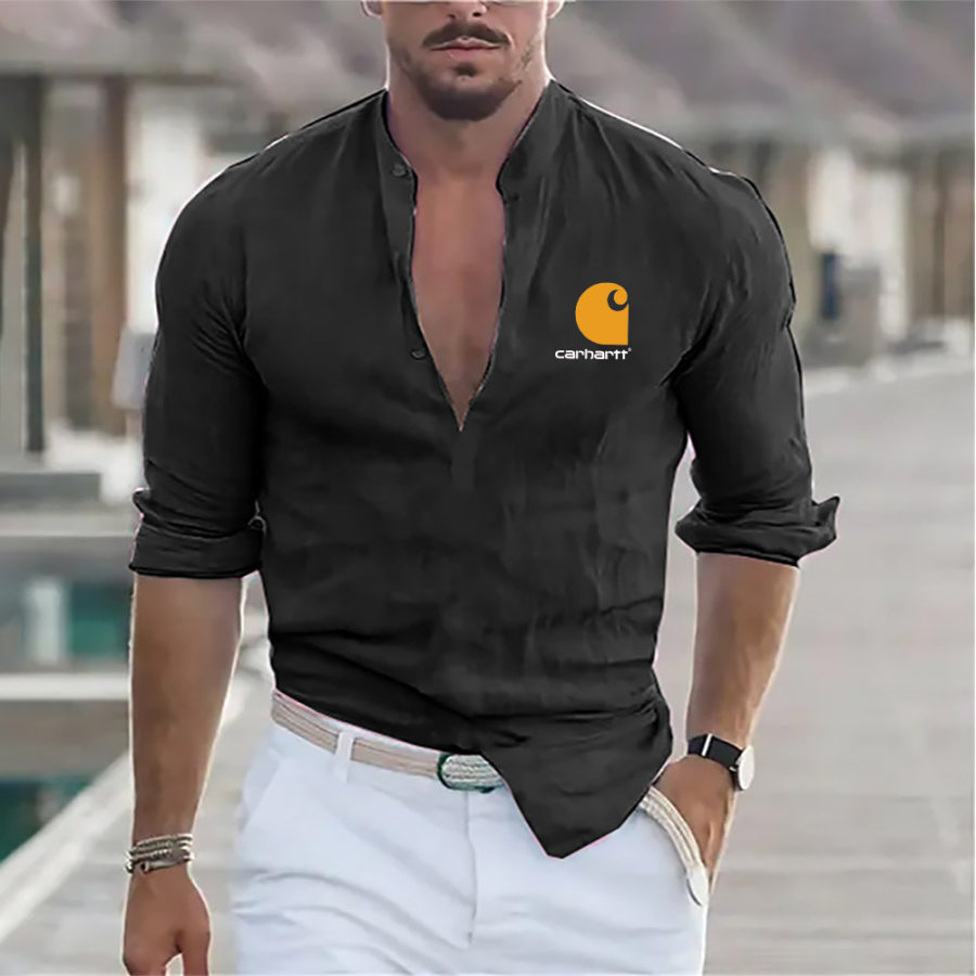 

Men's Shirt Carhartt Henley Collar Long Sleeve Solid Color Cotton Linen Loose Outdoor Casual Top Black