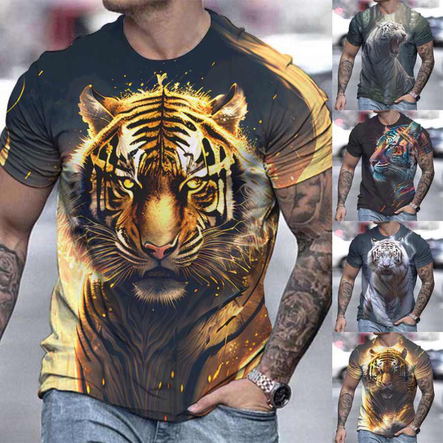 

Camiseta Masculina Casual Com Estampa De Tigre 3D Gola Redonda