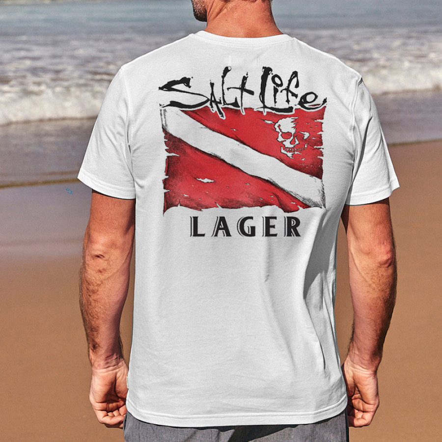 

Men T-shirt 'Lake Life' Cotton Tee Summer Contrasting Color Short-sleeved Crew Neck Top