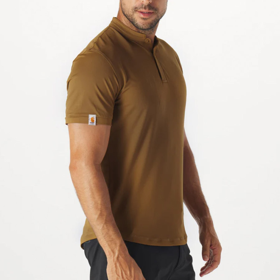 

Men's T-shirt Outdoor Solid Color Casual Stand Collar Short Sleeve Top Khaki