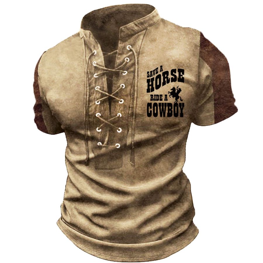

Men's T-Shirt Vintage Western Save A Horse Ride A Cowboy Lace-Up Stand Collar Short Sleeve Colorblock Summer Daily Tops