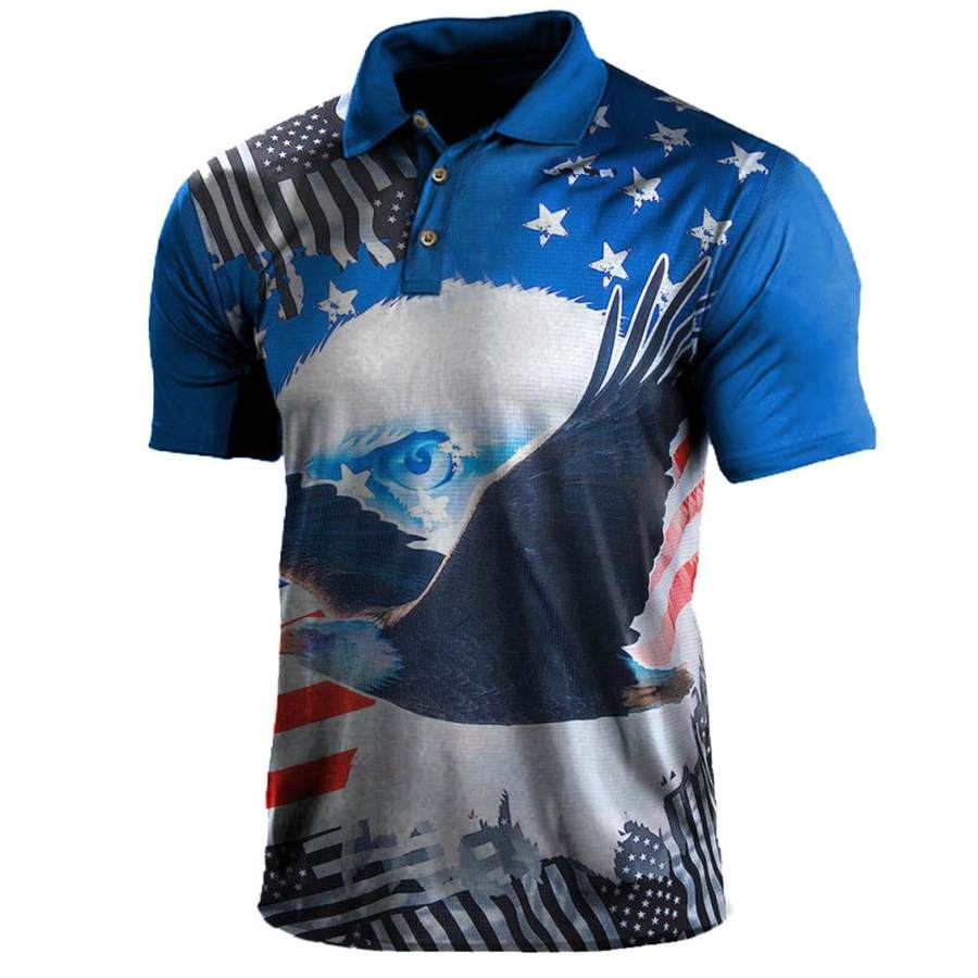 

Men's T-Shirt Polo Vintage American Flag Eagle Independence Day Short Sleeve Summer Daily Tops Blue